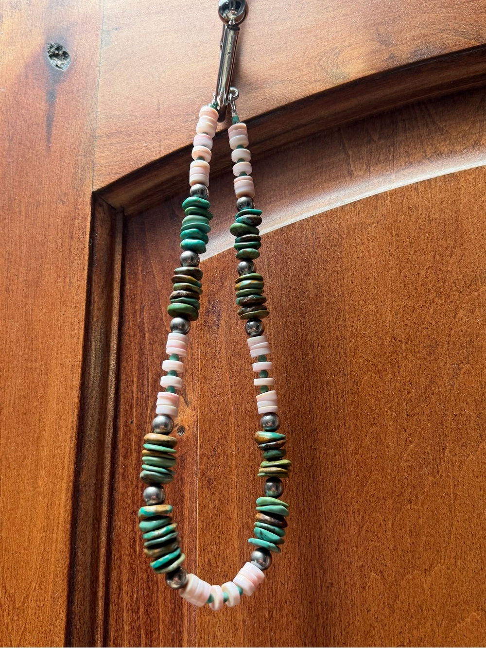 Handstrung Turquoise & Pink conch, sterling silver stacker necklace